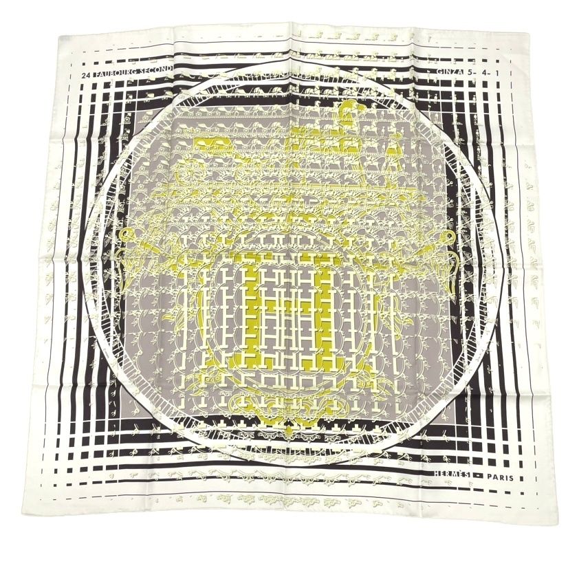 Hermes Scarf Carre 90 24 Faubourg Seconde Ginza Anniversary Silk White Yellow