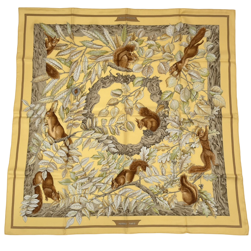 Hermes Carre 90 Casse Noisette Nutcracker Squirrel Pattern Nut Scarf Silk Yellow