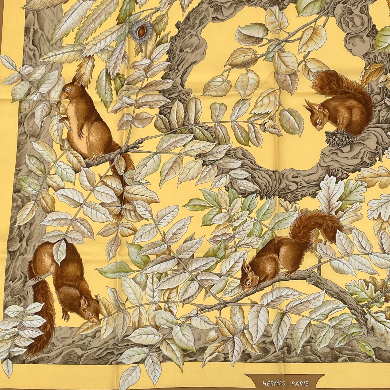 Hermes Carre 90 Casse Noisette Nutcracker Squirrel Pattern Nut Scarf Silk Yellow — view 4