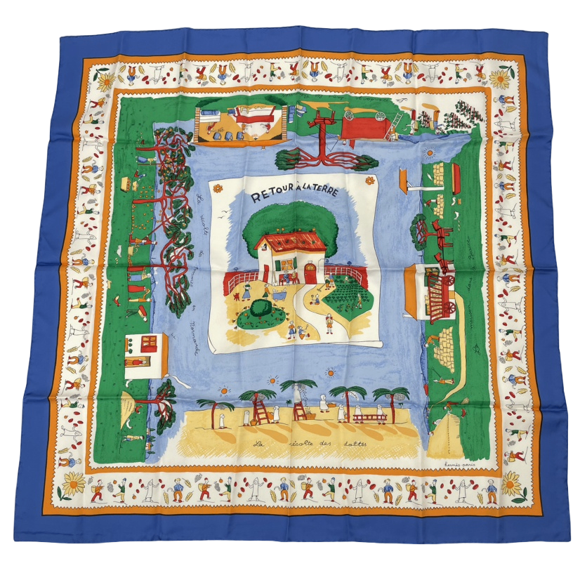 Hermes Carre 90 RE Tour a la Terre Return Silk 100% Scarf Blue