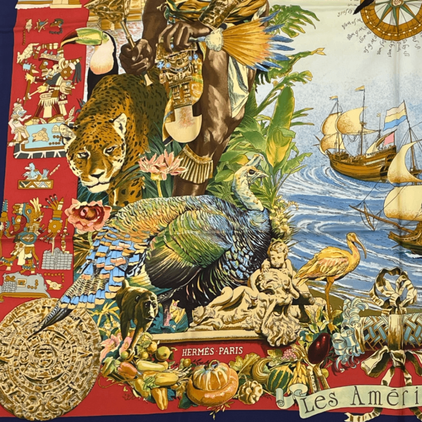 Hermes Carre 90 Scarf les Ameriques Americas Columbus Silk Navy Multicolor — view 4