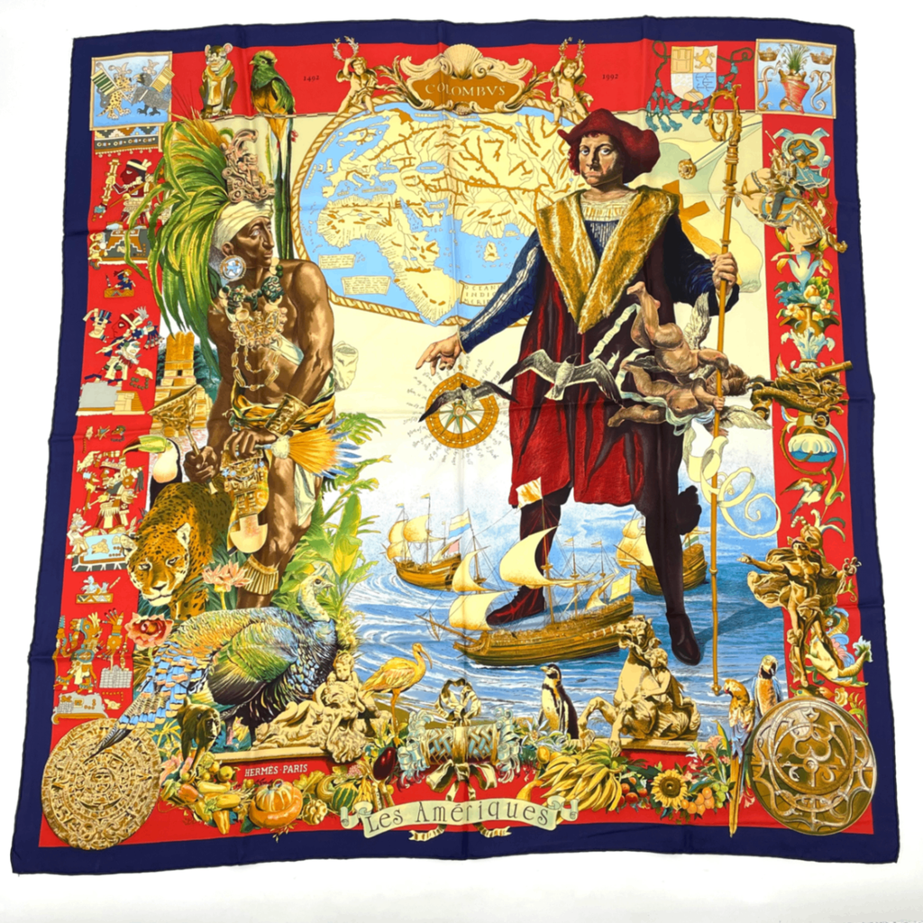 Hermes Carre 90 Scarf les Ameriques Americas Columbus Silk Navy Multicolor