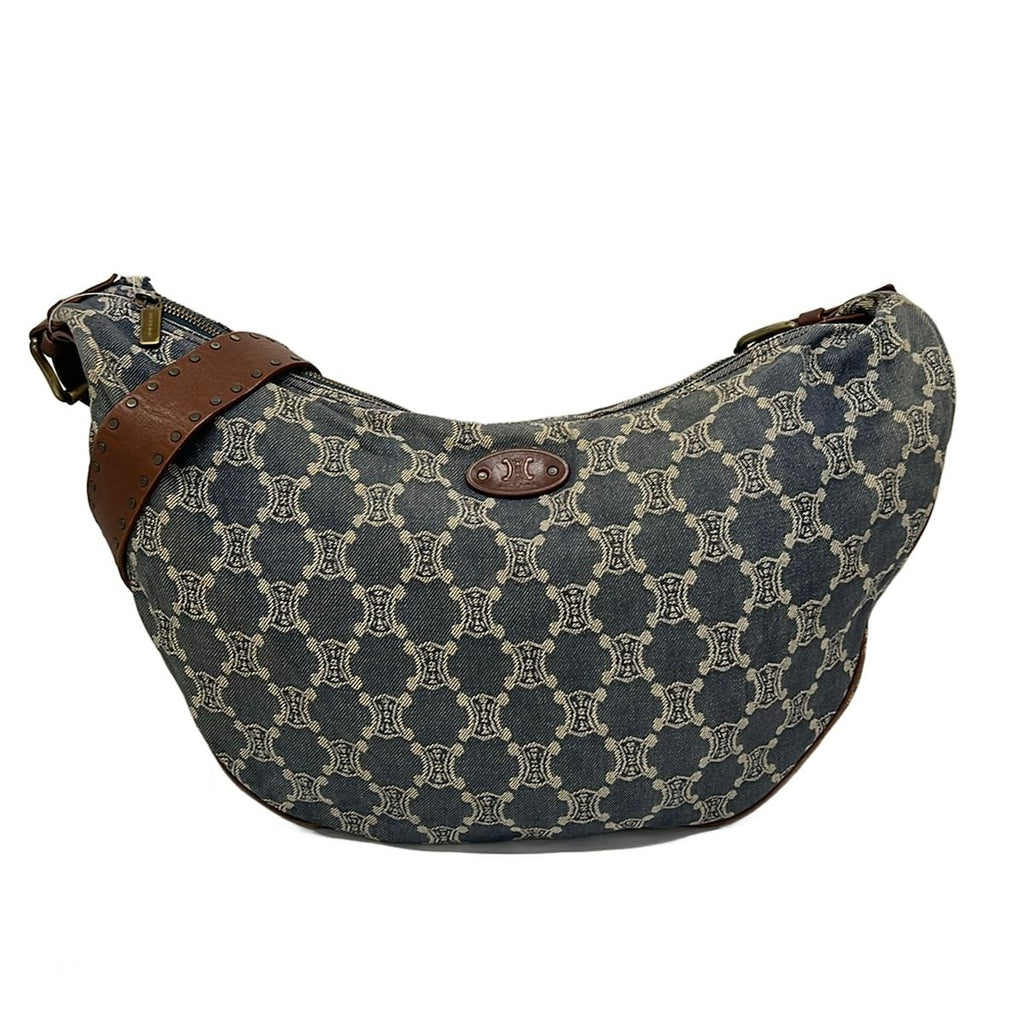 Celine Shoulder Bag Macadam Bag Navy Brown Studs 2-Way Denim Leather