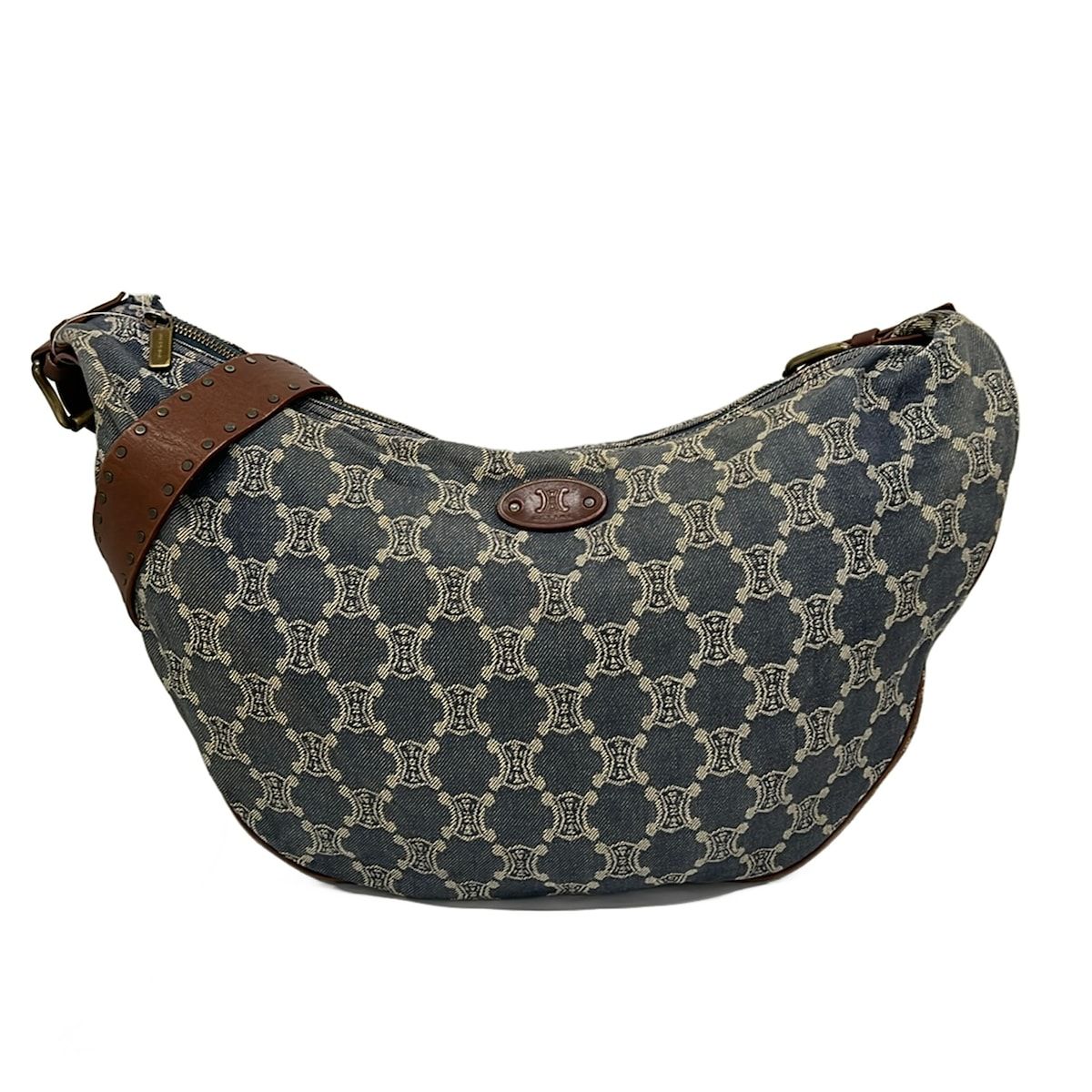 Celine Shoulder Bag Macadam Bag Navy Brown Studs 2-Way Denim Leather