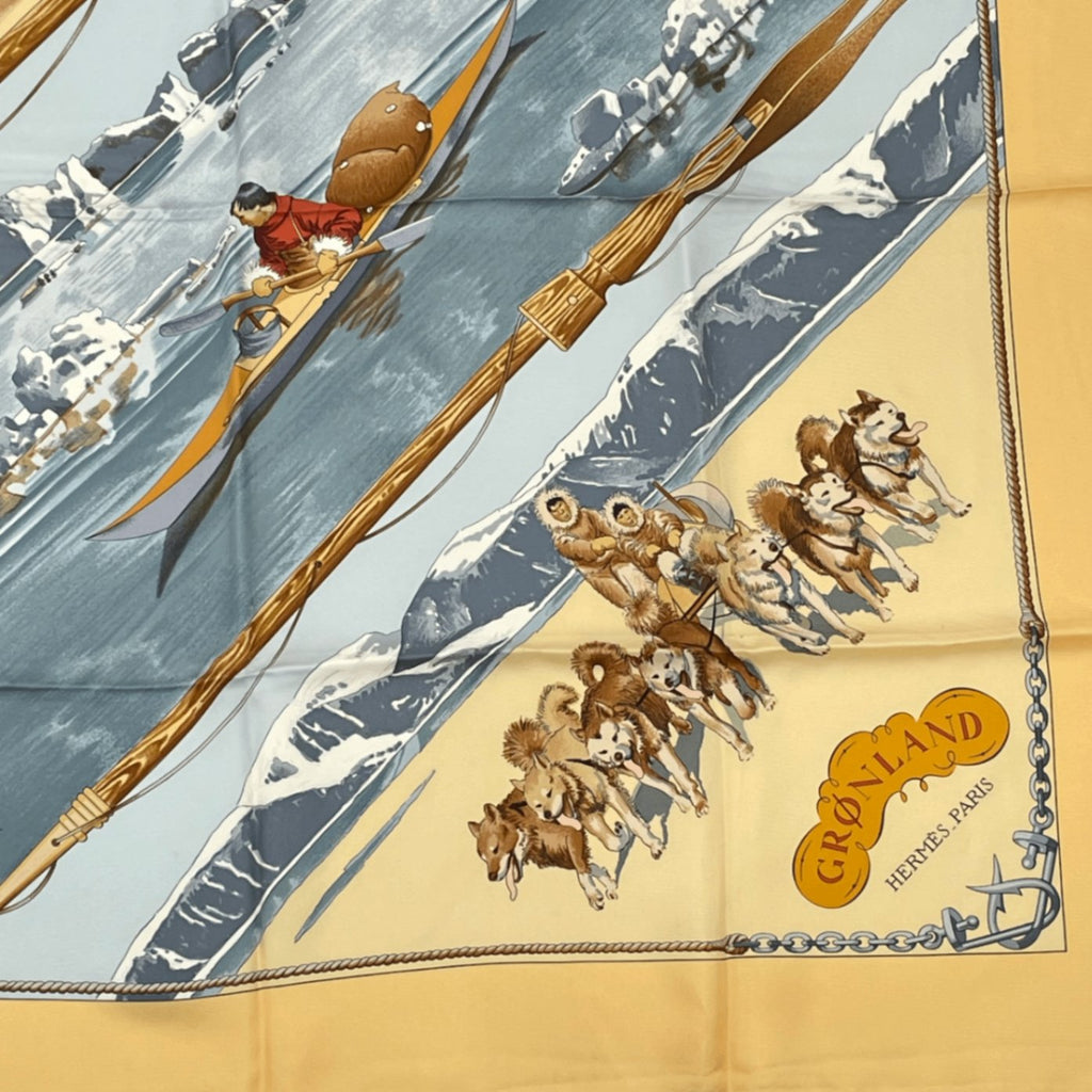 Hermes Carre 90 Gronland Green Land Eskimo Dog Sled Silk Scarf Yellow