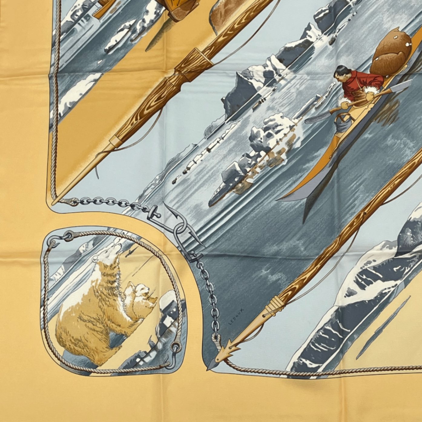 Hermes Carre 90 Gronland Green Land Eskimo Dog Sled Silk Scarf Yellow