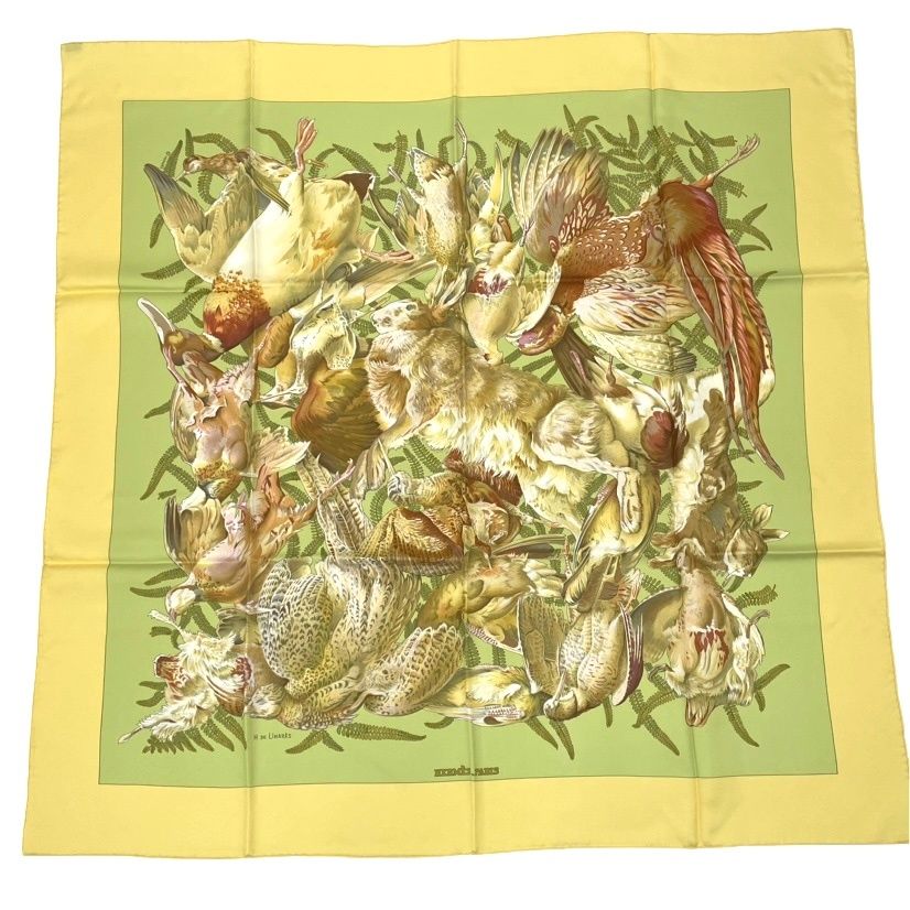 Hermes Carre 90 Scarf Linares Animal Bird Pattern Camo Yellow