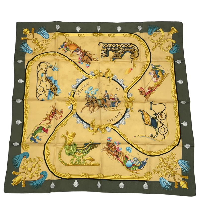 Hermes Carre 90 Plumes Et Grelots Feathers and Bells Scarf Silk Yellow Green