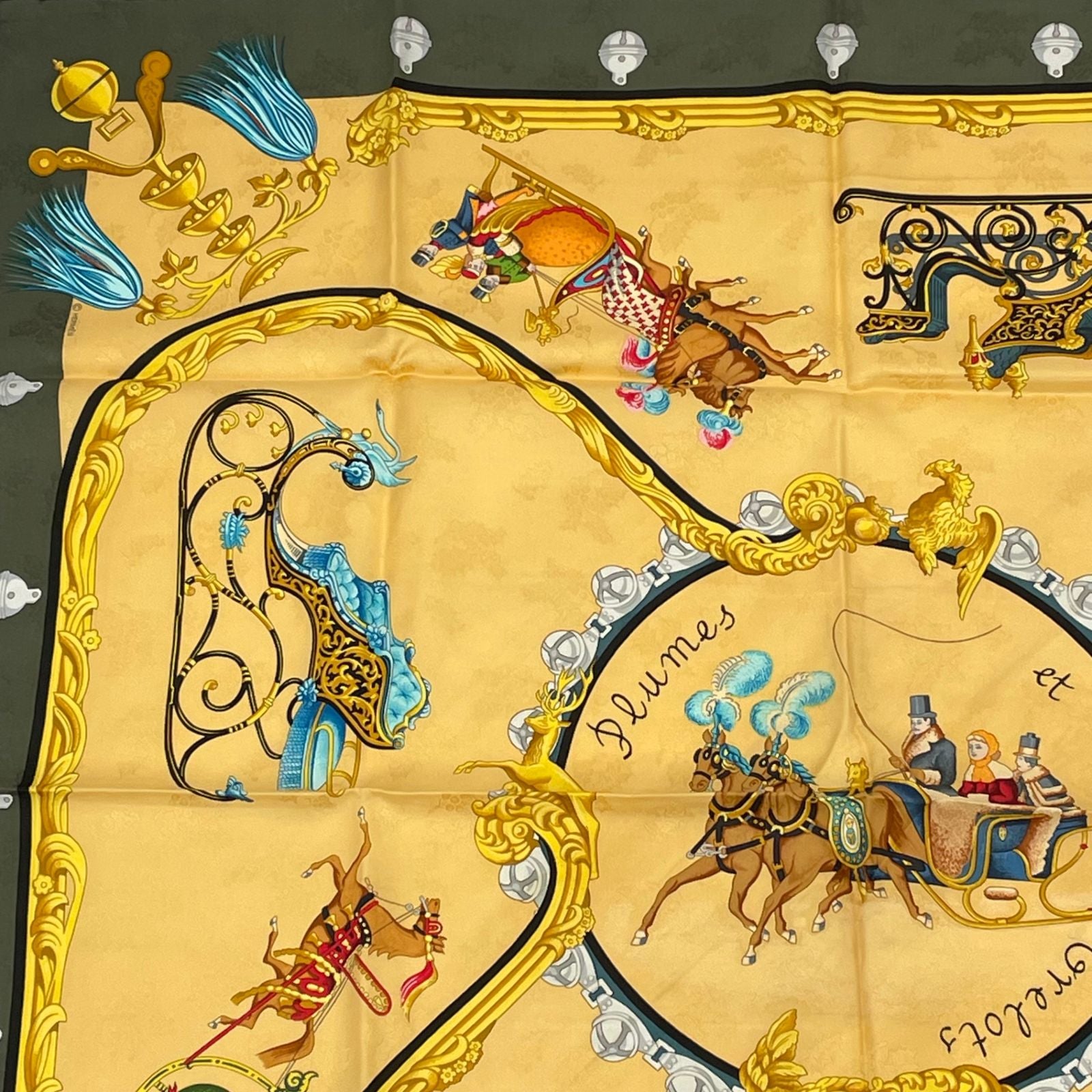 Hermes Carre 90 Plumes Et Grelots Feathers and Bells Scarf Silk Yellow Green — view 2
