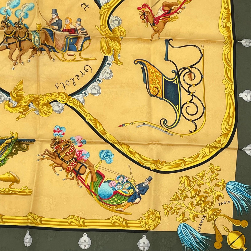 Hermes Carre 90 Plumes Et Grelots Feathers and Bells Scarf Silk Yellow Green — view 5