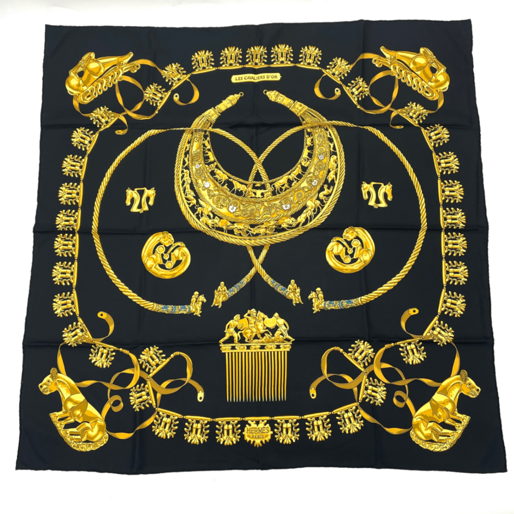 Hermes Carre 90 les Cavaliers D'or Yellow Gold Knight Scarf Silk Black