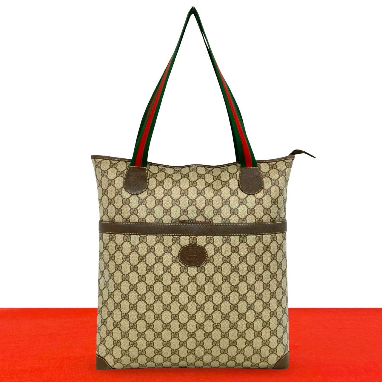 Gucci Vintage Sherry Line GG Logo Pattern Leather Tote Brown