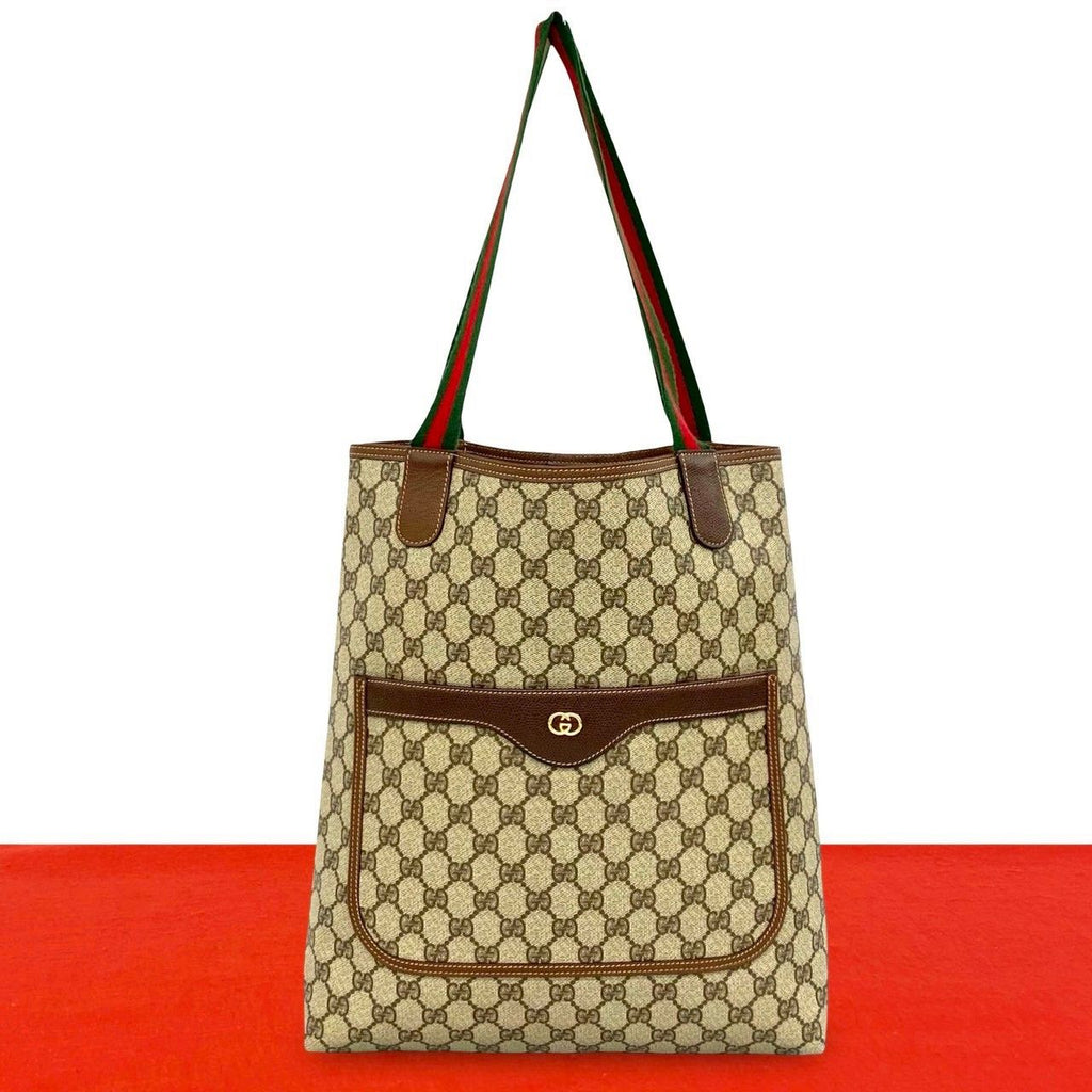 Gucci Vintage Sherry Line GG Logo Pattern Leather Tote Brown