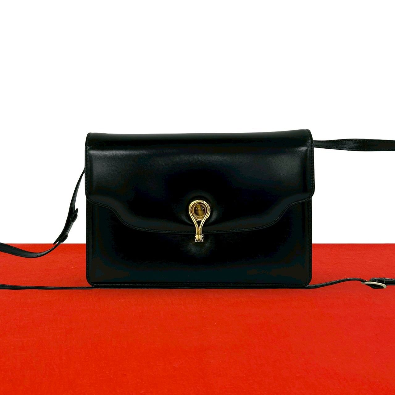 Gucci Vintage Calf Leather Tiger Eye Shoulder Bag Pochette Black