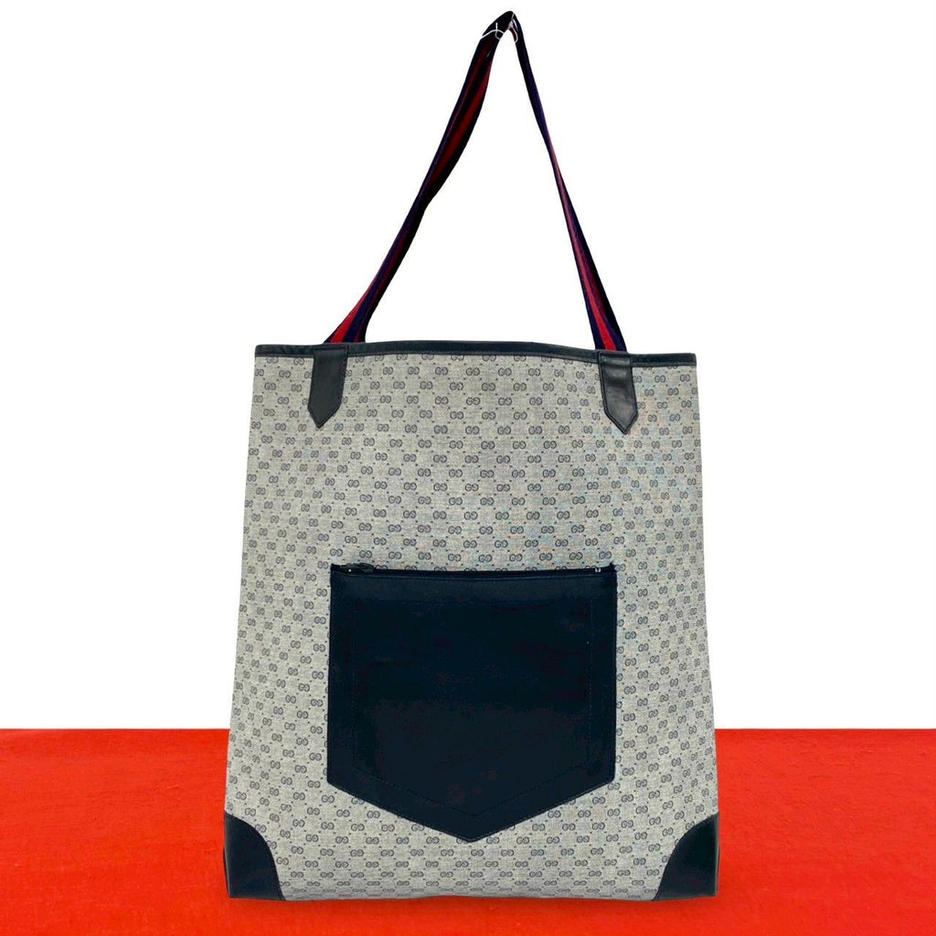 Gucci Vintage Sherry Line Micro GG Logo Pattern Leather Tote Navy