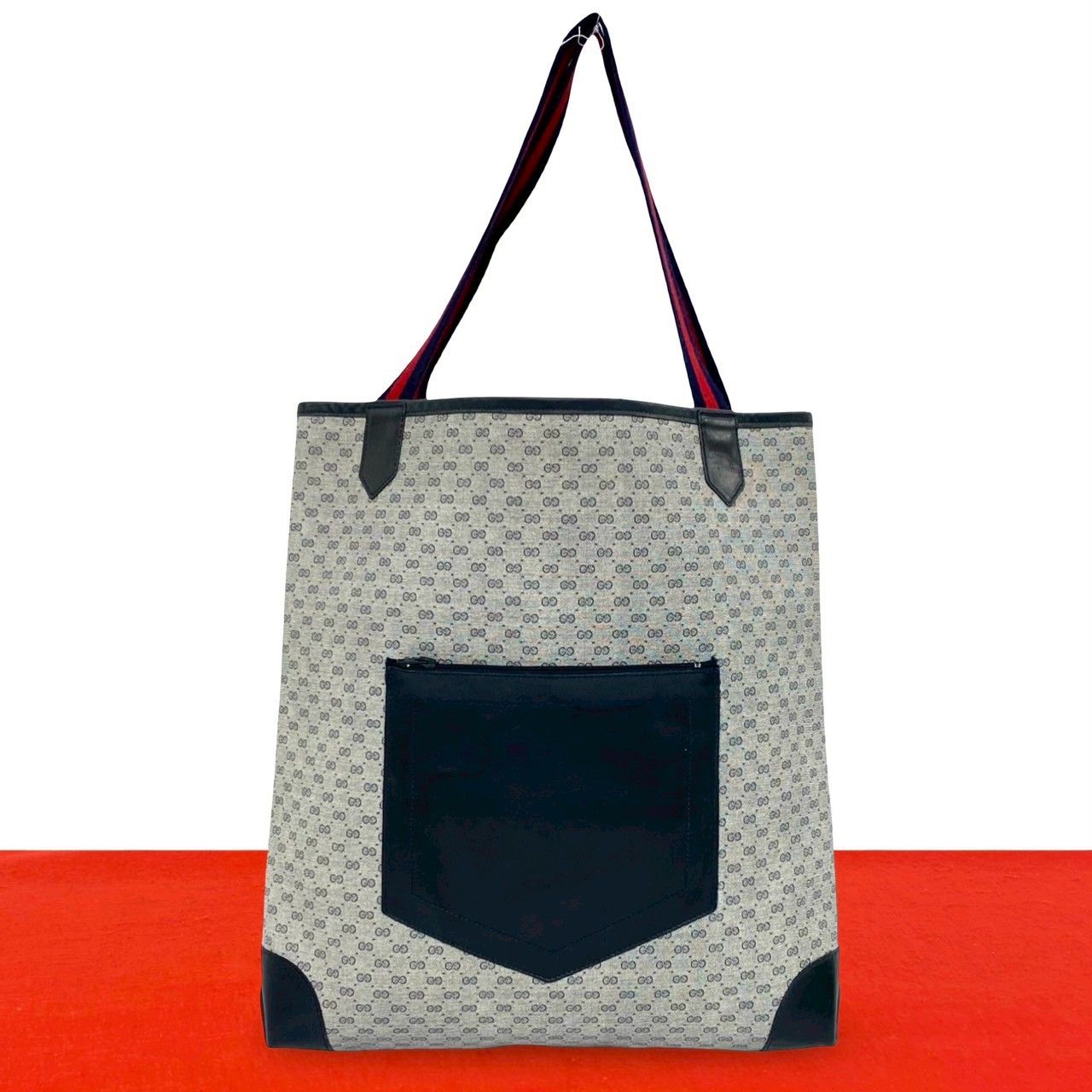 Gucci Vintage Sherry Line Micro GG Logo Pattern Leather Tote Navy