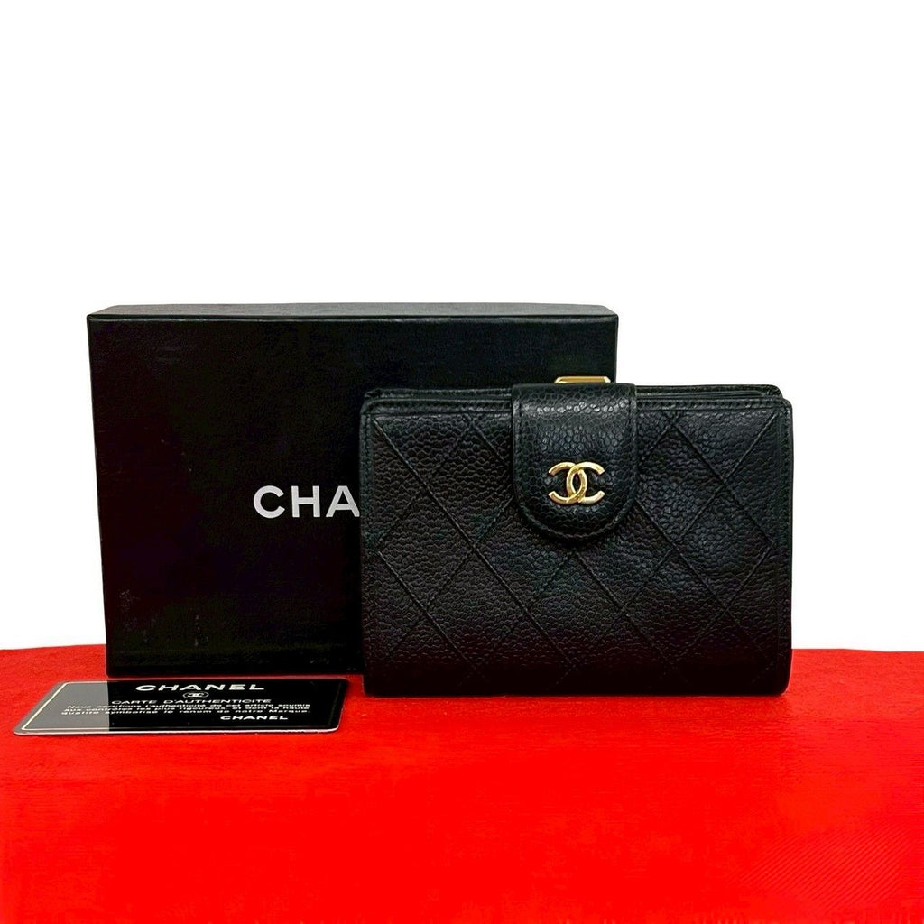 Chanel Card with Bicolor CC Logo Caviar Leather Kiss Lock Bifold Wallet Black