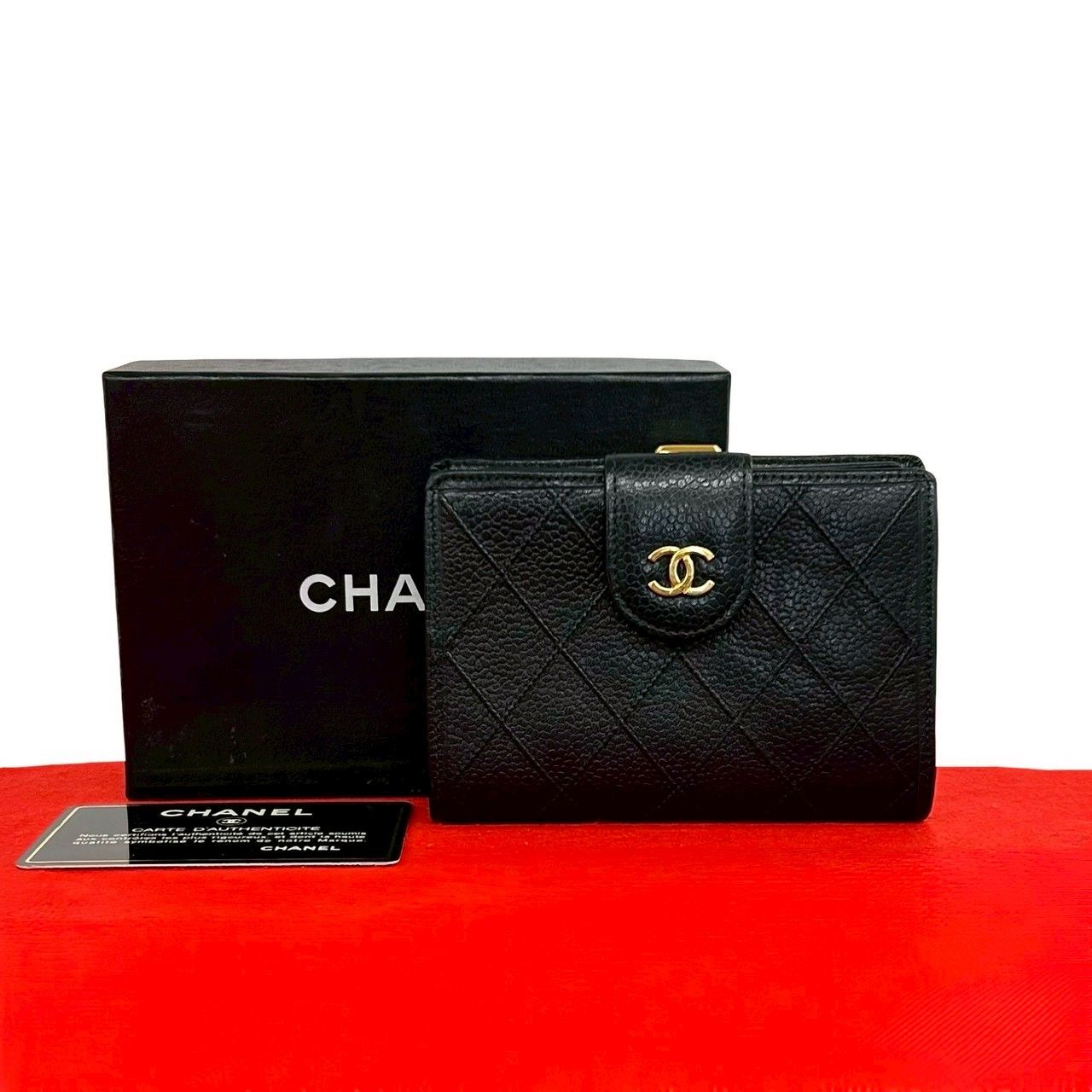 Chanel Card with Bicolor CC Logo Caviar Leather Kiss Lock Bifold Wallet Black