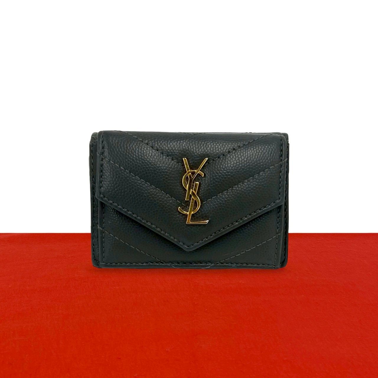 Saint Laurent Paris YSL Cassandra Logo Leather Trifold Wallet Mini Gray