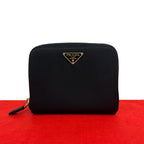 Prada Triangle Logo Tessuto Nylon Saffiano Leather Round Zip Bifold Wallet Black