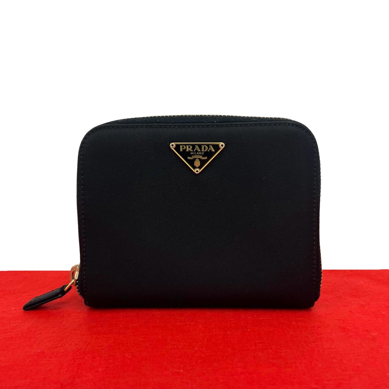 Prada Triangle Logo Tessuto Nylon Saffiano Leather Round Zip Bifold Wallet Black