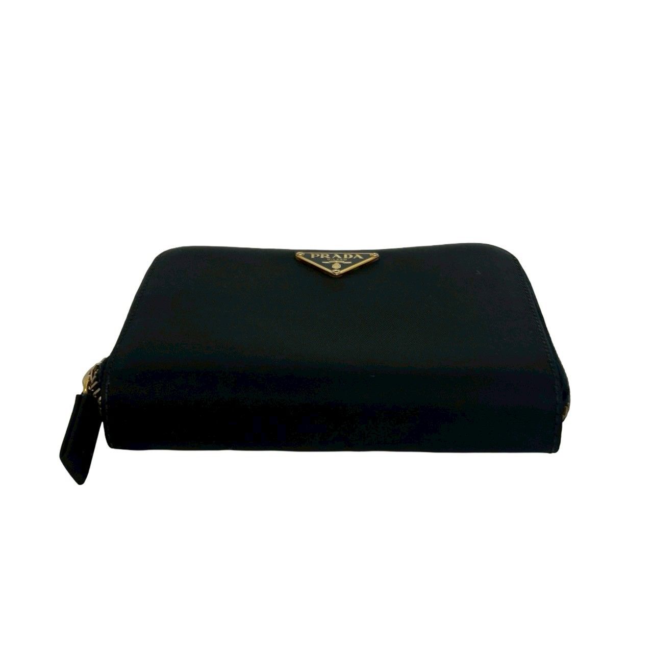 Prada Triangle Logo Tessuto Nylon Saffiano Leather Round Zip Bifold Wallet Black — view 6