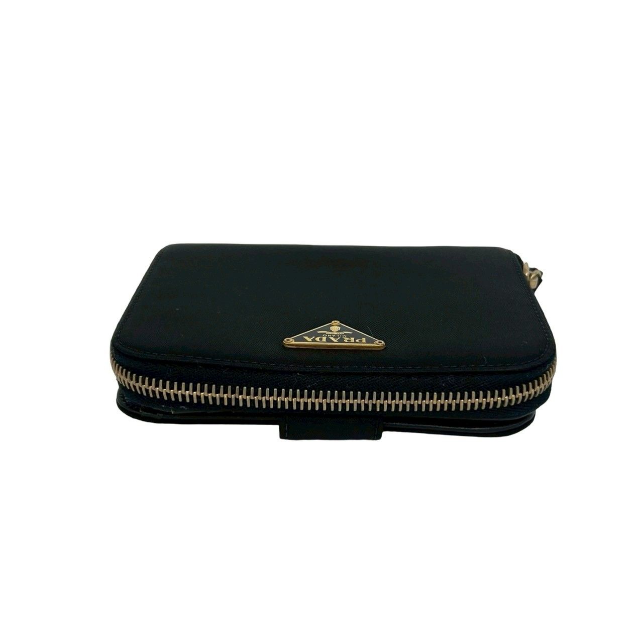 Prada Triangle Logo Tessuto Nylon Saffiano Leather Round Zip Bifold Wallet Black — view 3