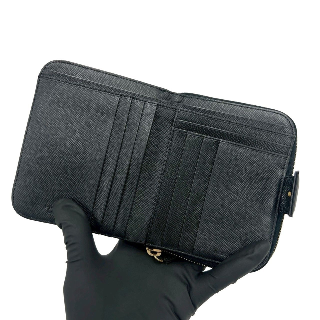Prada Triangle Logo Tessuto Nylon Saffiano Leather Round Zip Bifold Wallet Black — view 7