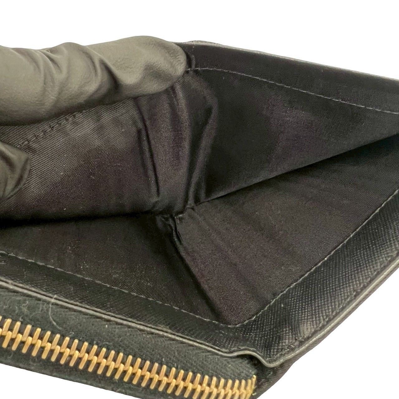 Prada Triangle Logo Tessuto Nylon Saffiano Leather Round Zip Bifold Wallet Black — view 8