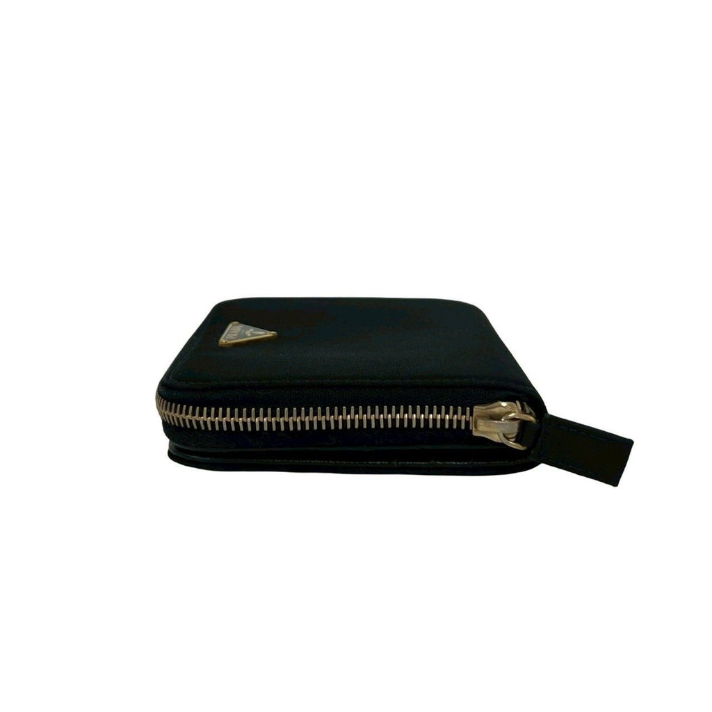 Prada Triangle Logo Tessuto Nylon Saffiano Leather Round Zip Bifold Wallet Black — view 4