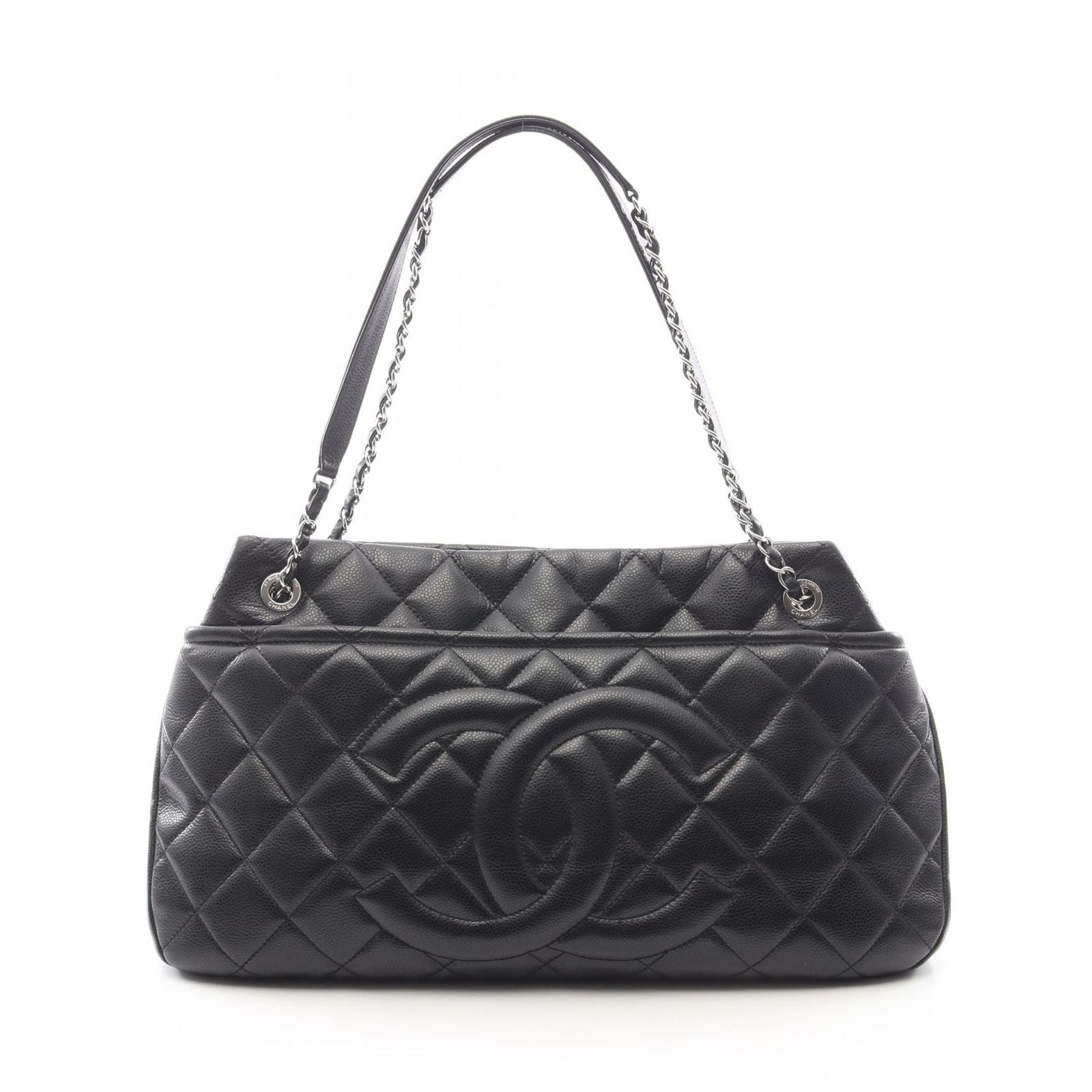 Chanel Tote Quilted Black Caviar Leather CC Logo Chain