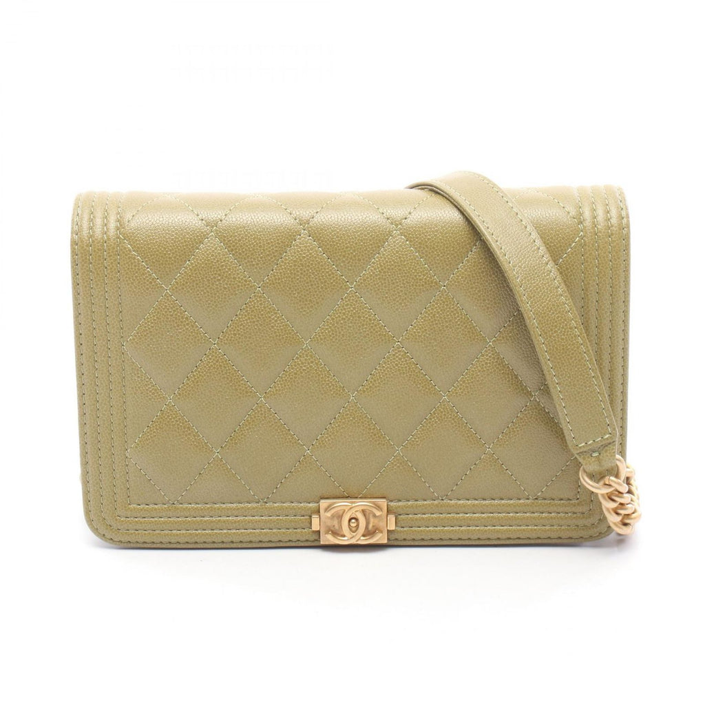 Chanel Shoulder Bag Boy Quilted Yellow Brown Caviar Leather Boy Chain Wallet