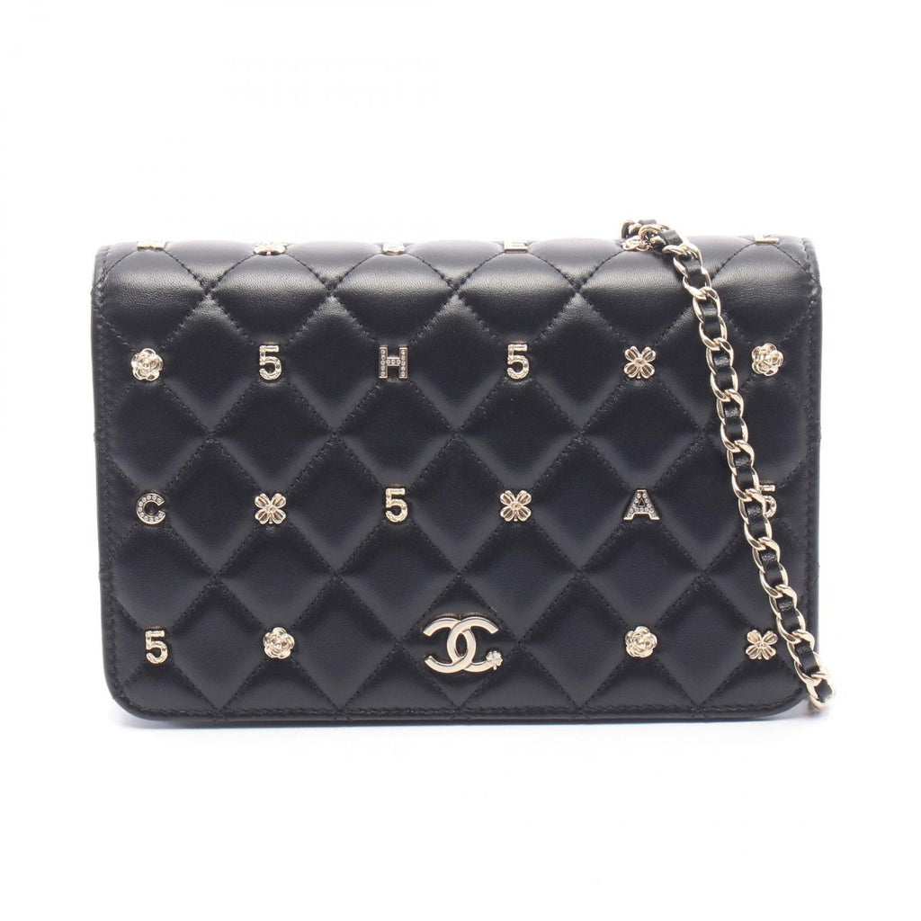 Chanel Shoulder Bag Quilted Icon Charm Black Lambskin Chain Wallet
