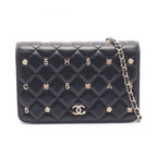Chanel Shoulder Bag Quilted Icon Charm Black Lambskin Chain Wallet