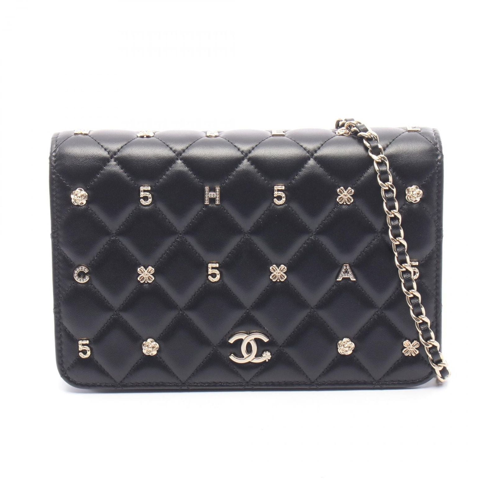 Chanel Shoulder Bag Quilted Icon Charm Black Lambskin Chain Wallet