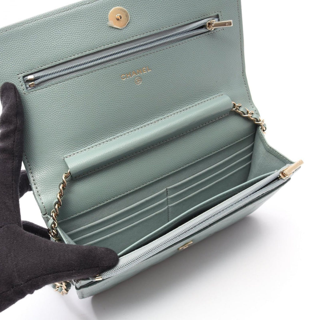 Chanel Shoulder Bag Quilted Light Green Caviar Leather Chain Wallet — view 3