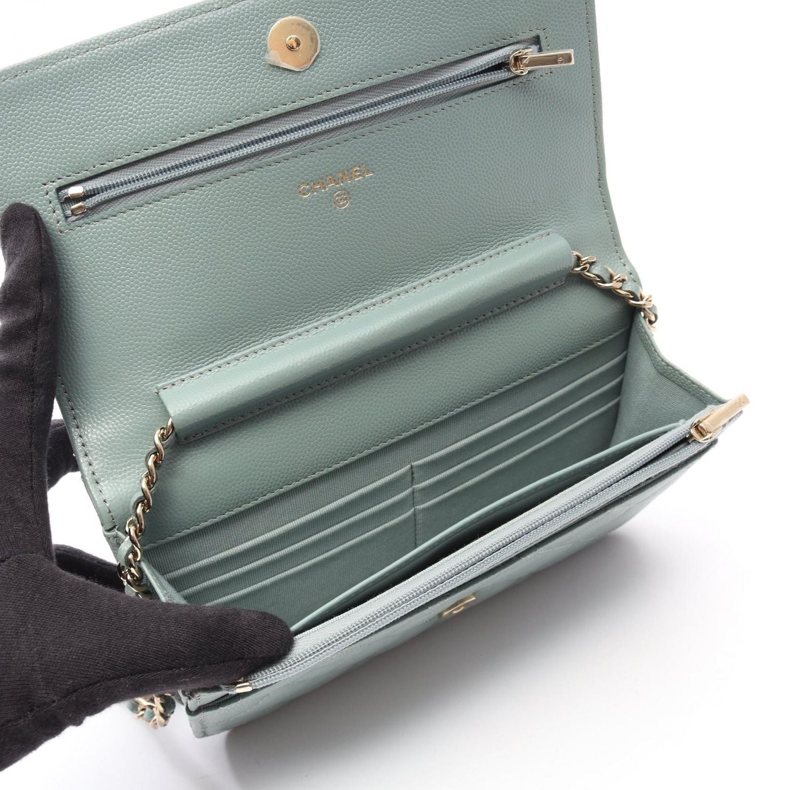 Chanel Shoulder Bag Quilted Light Green Caviar Leather Chain Wallet — view 3