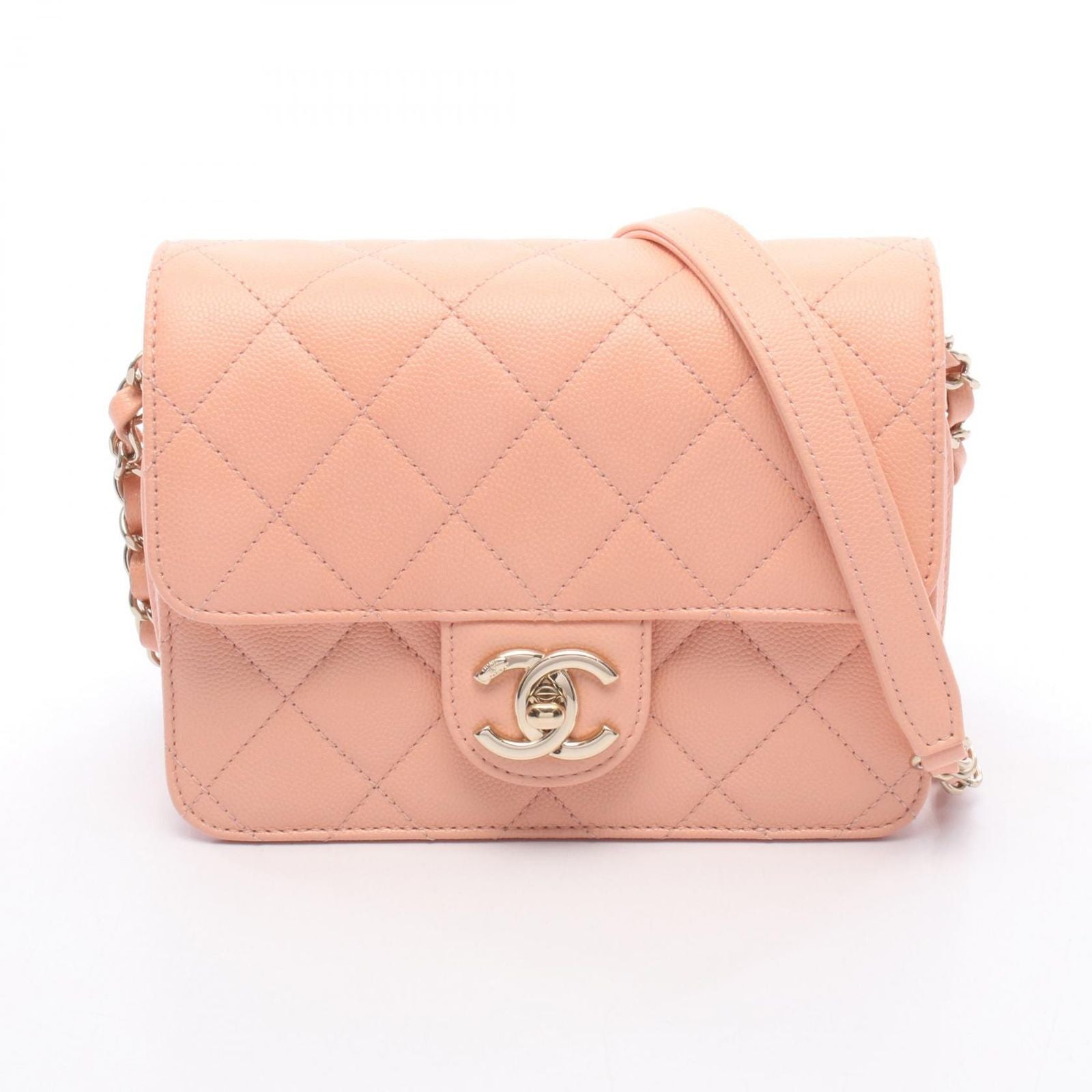 Chanel Shoulder Bag Quilted Small Flap Salmon Pink Caviar Leather Chain