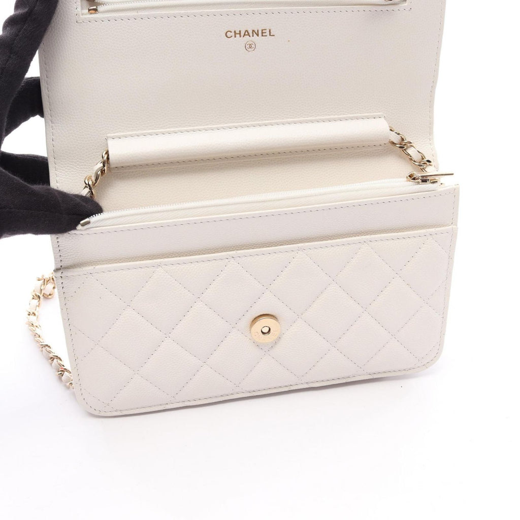Chanel Shoulder Bag Quilted White Caviar Leather Chain Wallet — view 4