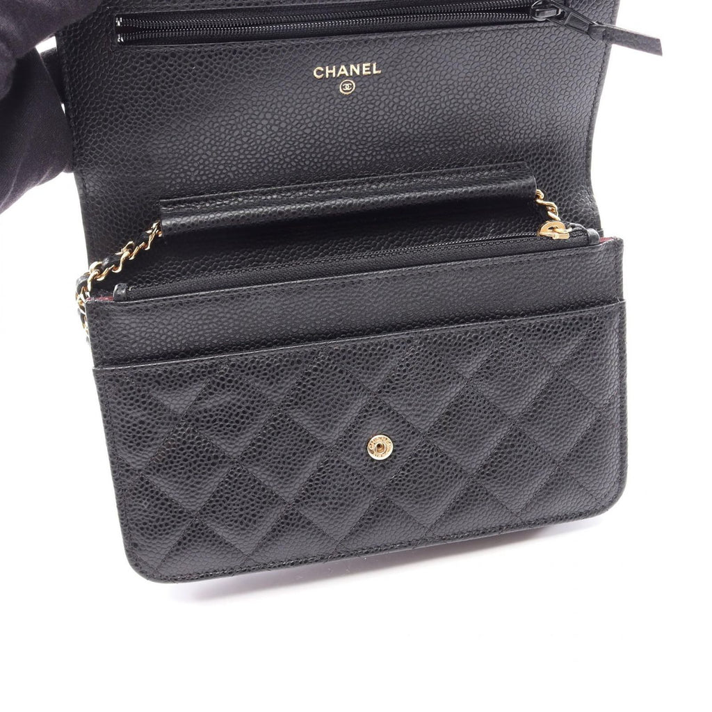 Chanel Shoulder Bag Quilted Black Caviar Leather Chain Wallet — view 4
