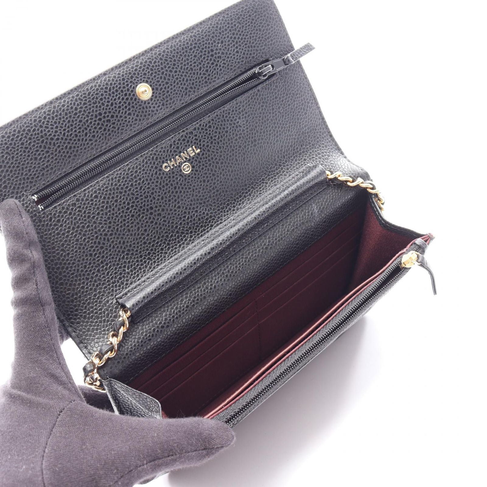 Chanel Shoulder Bag Quilted Black Caviar Leather Chain Wallet — view 3