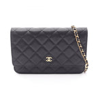 Chanel Shoulder Bag Quilted Black Caviar Leather Chain Wallet