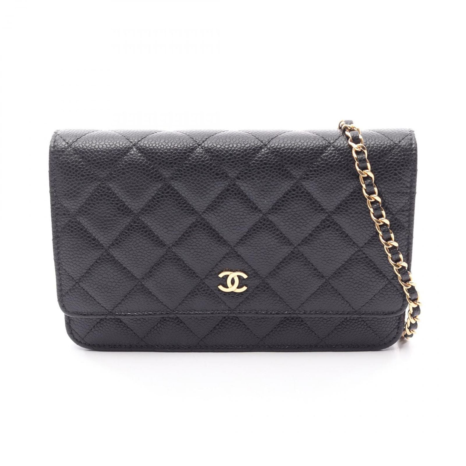 Chanel Shoulder Bag Quilted Black Caviar Leather Chain Wallet