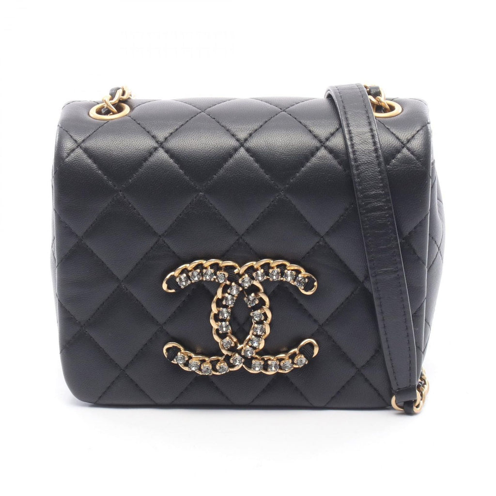 Chanel Shoulder Bag Quilted Black Lambskin Crystal Coco Mini Chain