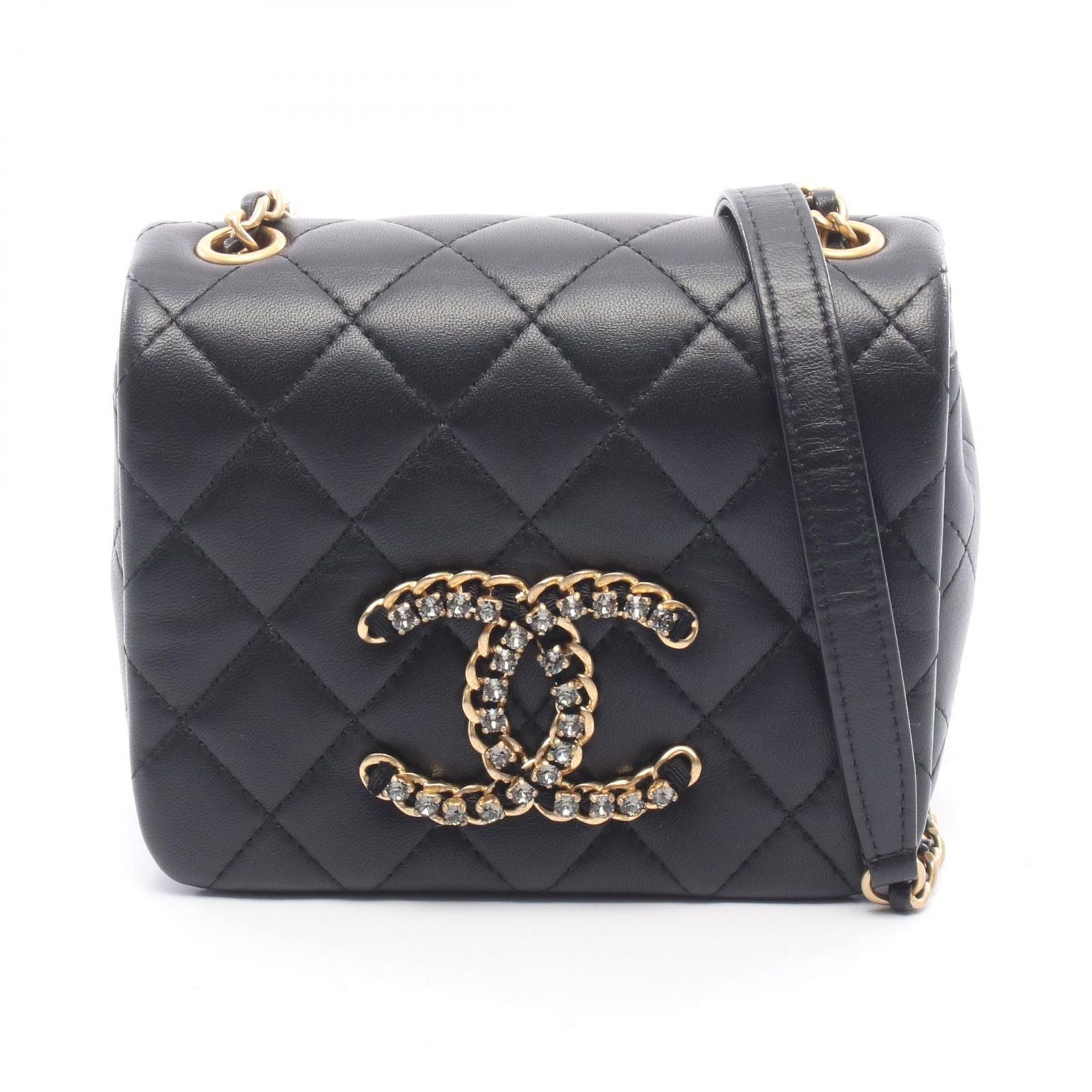 Chanel Shoulder Bag Quilted Black Lambskin Crystal Coco Mini Chain