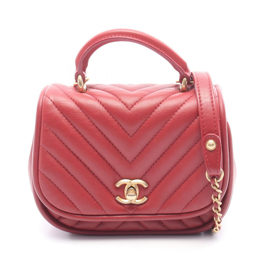 Chanel Shoulder Bag Top Handle Blanc Stitch Mini 2-Way Red Lambskin Top Chain