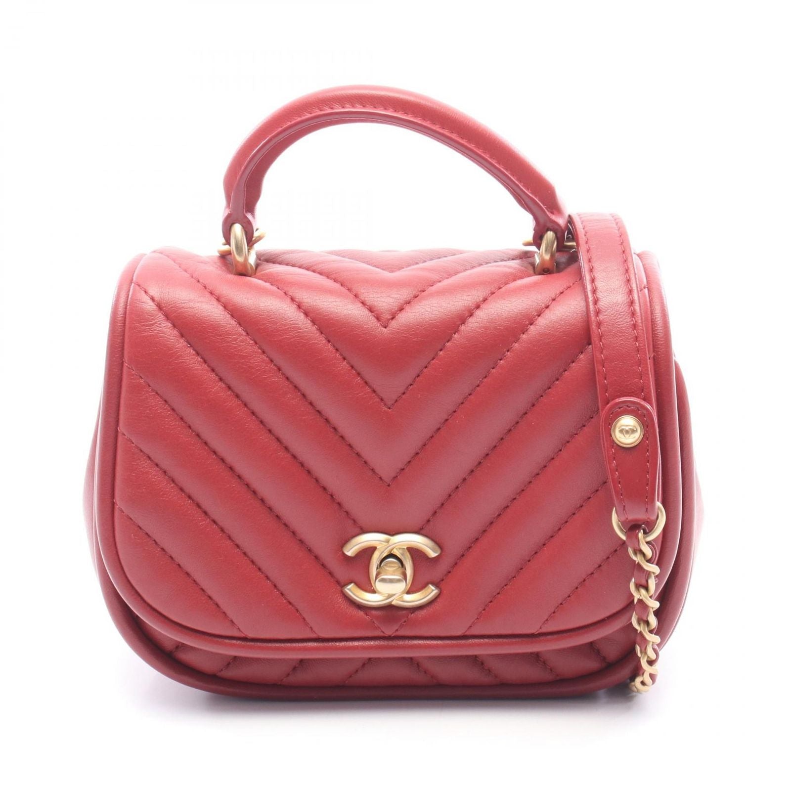 Chanel Shoulder Bag Top Handle Blanc Stitch Mini 2-Way Red Lambskin Top Chain