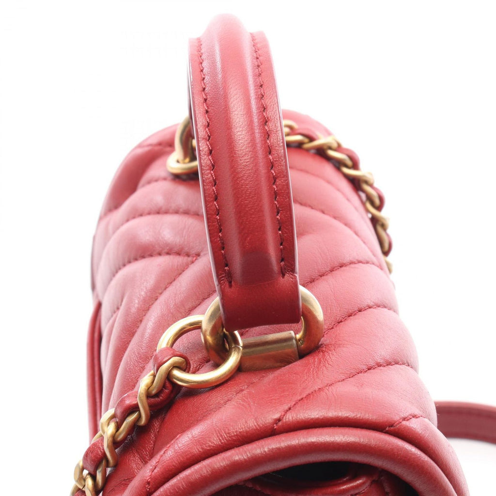 Chanel Shoulder Bag Top Handle Blanc Stitch Mini 2-Way Red Lambskin Top Chain — view 9