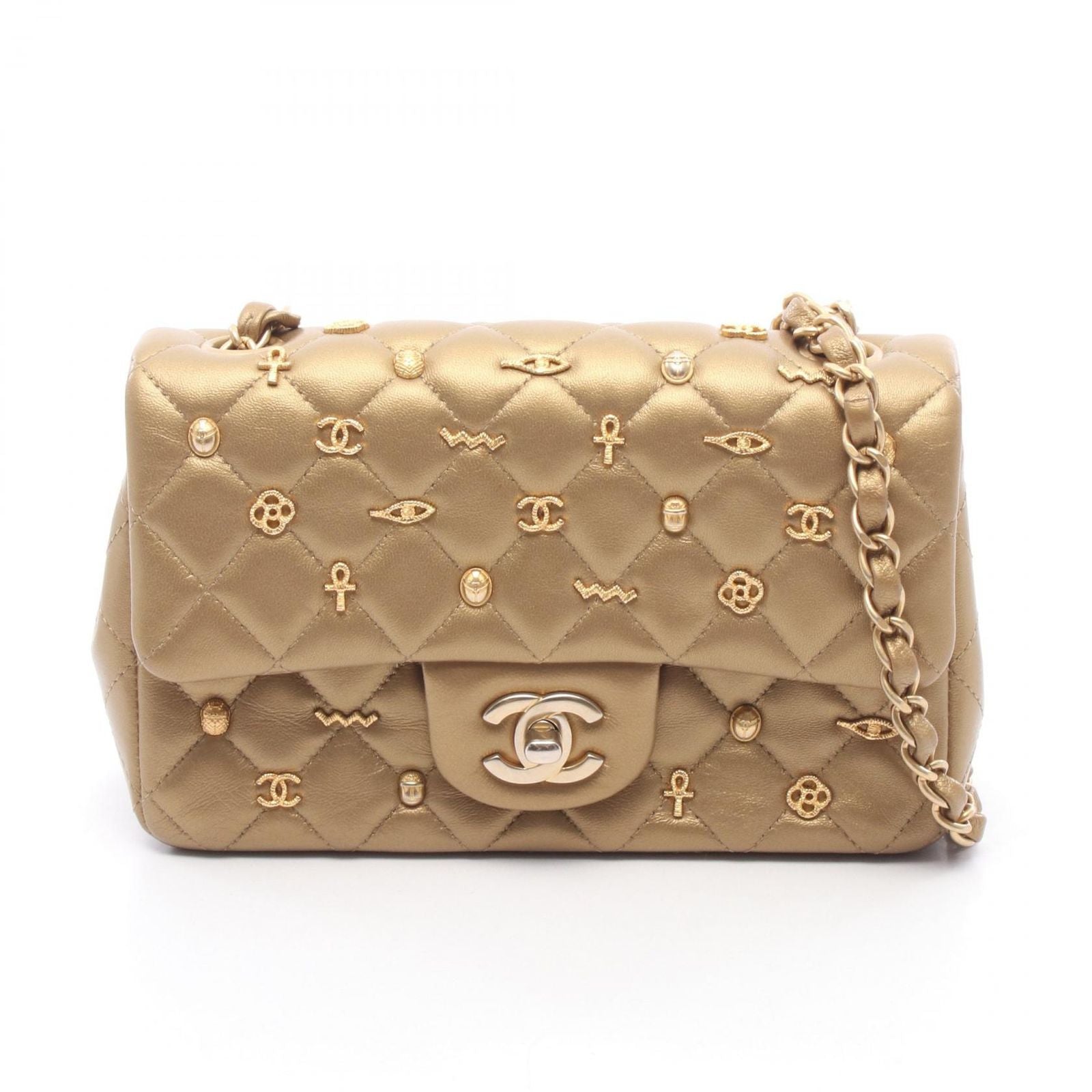Chanel Shoulder Bag Mini Quilted 20 Gold Leather Mini Icon Charm Chain