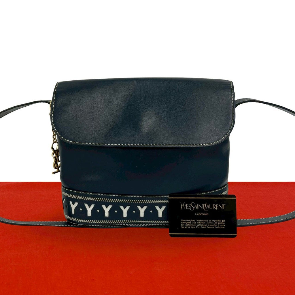 Saint Laurent Cutout Logo Charm Leather Shoulder Bag Navy